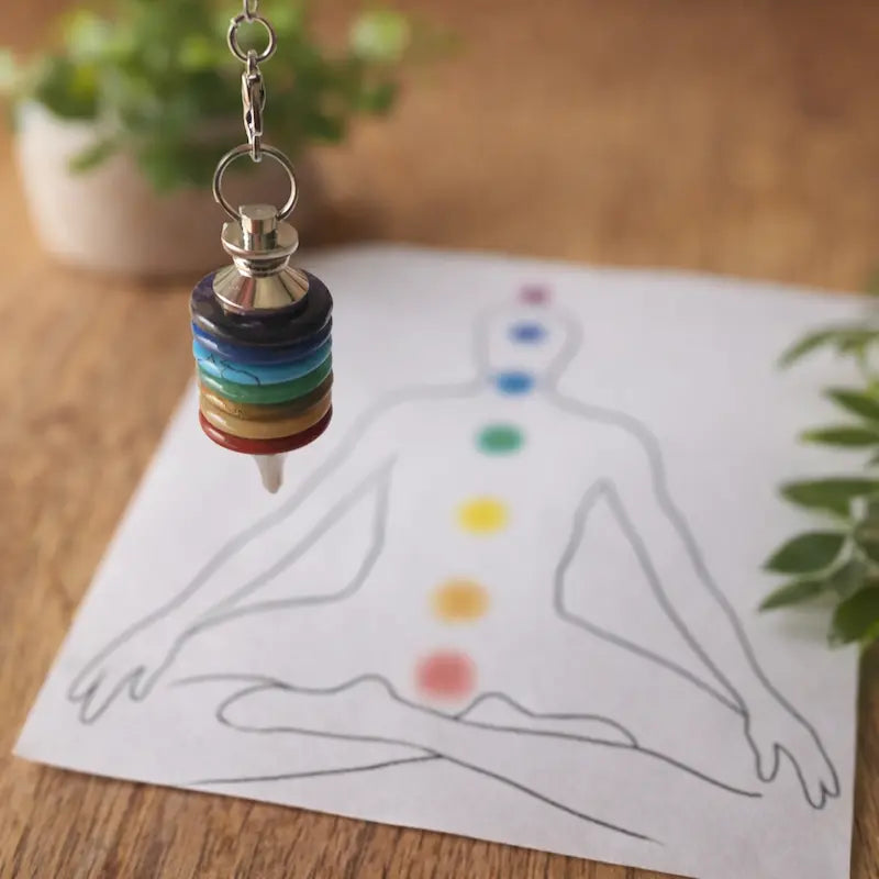 Pendule 7 chakras disques utlisation pour rééuilibrage énergétique sur planche
