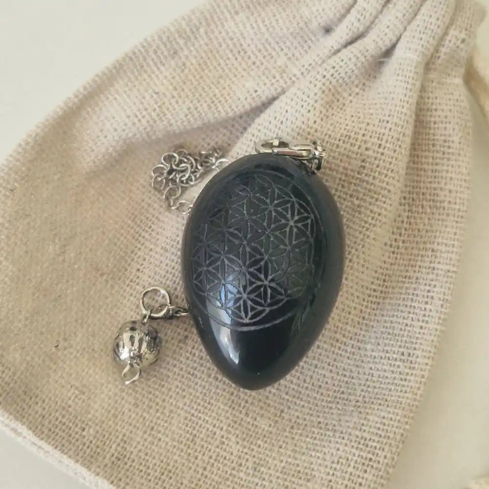Pendule Fleur de Vie en obsidienne noire avec pochon