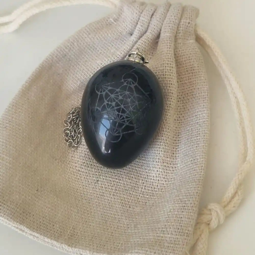 Pendule Métatron en obsidienne noire avec pochon