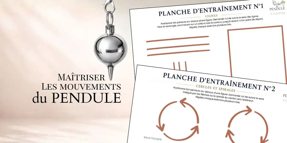 Pendule de radiesthésie avec deux planches d'entraînement pour maîtriser les mouvements du pendule.