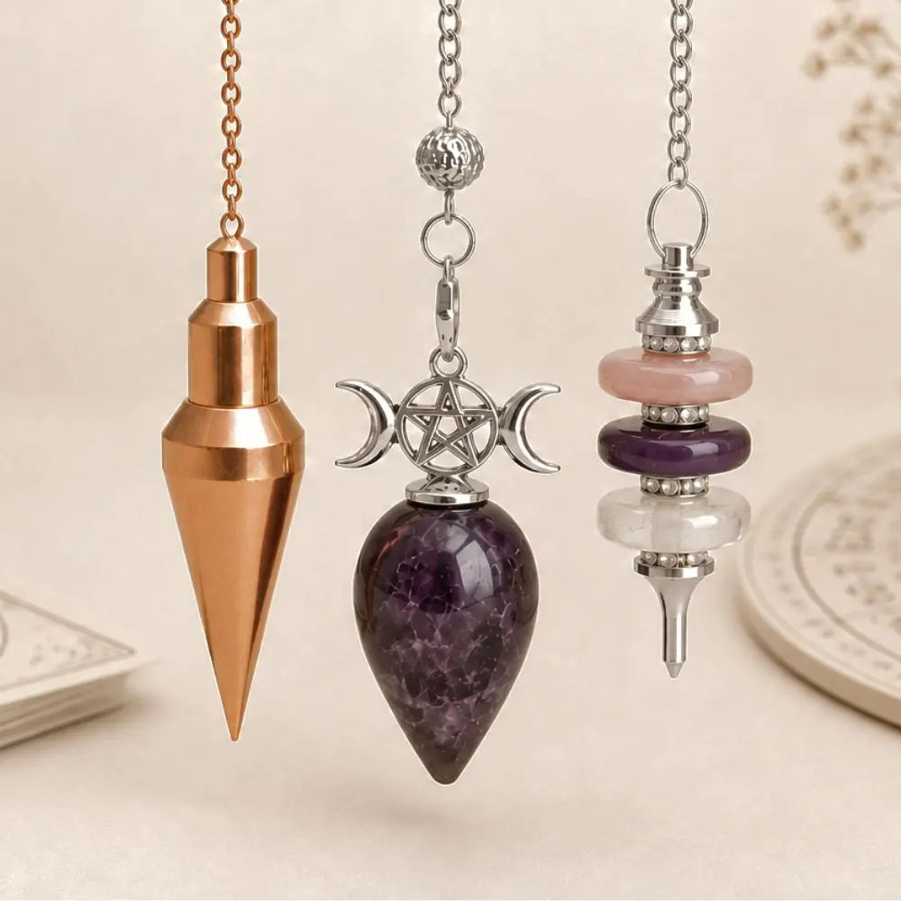 Sélection de pendules divinatoires en métal et en pierre naturelle, avec cartes et planche de radiesthésie en arrière-plan.