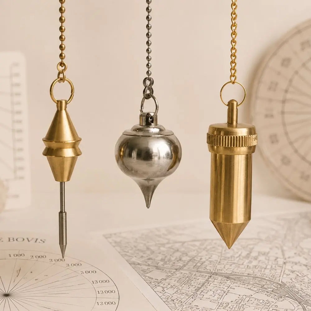 Pendules de radiesthésie en métal avec planches de radiesthésie et carte en arrière-plan.