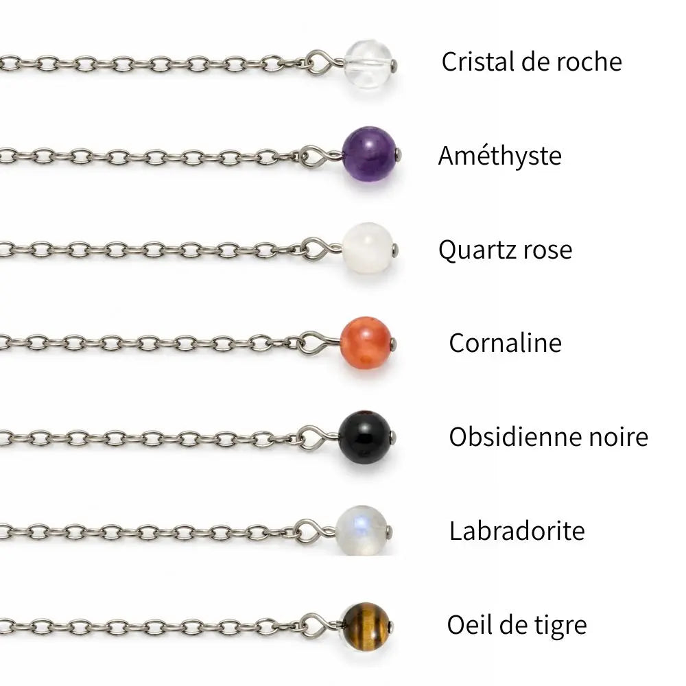 chaine pour pendule en acier inoxydable, choix de perles en pierre naturelles