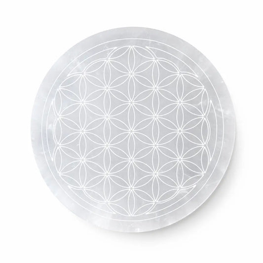 Fleur de vie en sélénite en plaque de 10 cm de diamètre pour purifier et recharger vos pierres et pendules