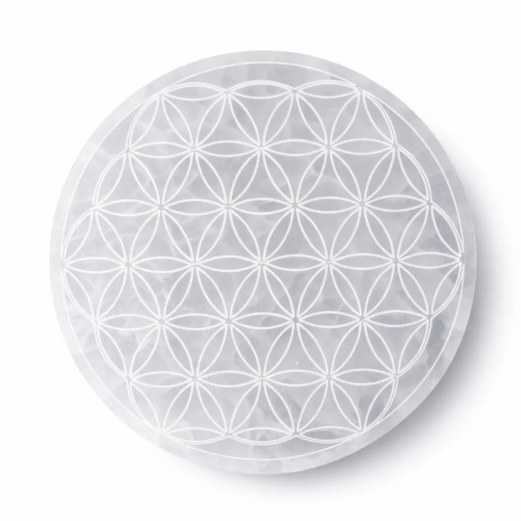 Fleur de vie en sélénite en plaque de 12cm de diamètre pour purifier et recharger vos pierres et pendules