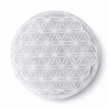 Fleur de vie en sélénite en plaque de 12cm de diamètre pour purifier et recharger vos pierres et pendules