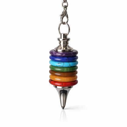 Pendule 7 chakras à disques de pierres naturelles – jaspe, citrine, œil de tigre, aventurine, howlite, sodalite, améthyste sur monture métal argenté