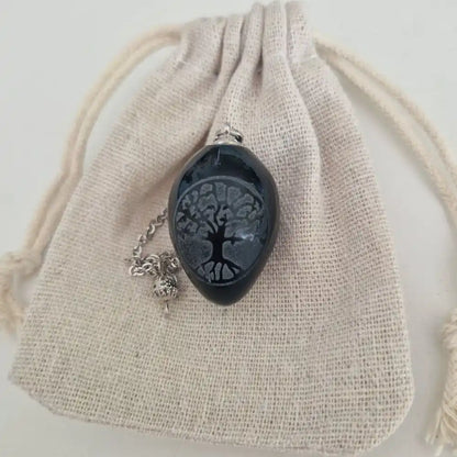 Pendule Arbre de Vie en obsidienne noire avec pochon