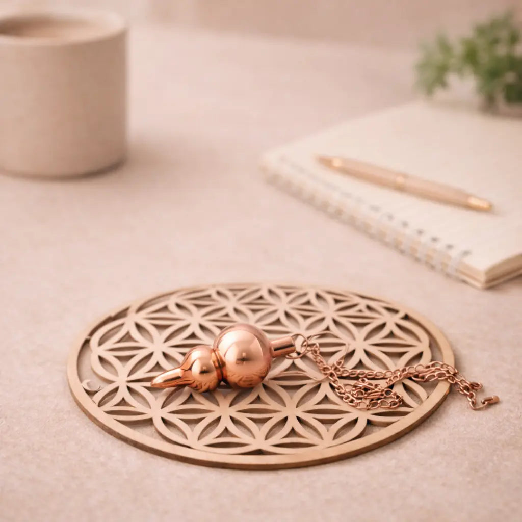 pendule double sphère sur une fleur de vie en bois