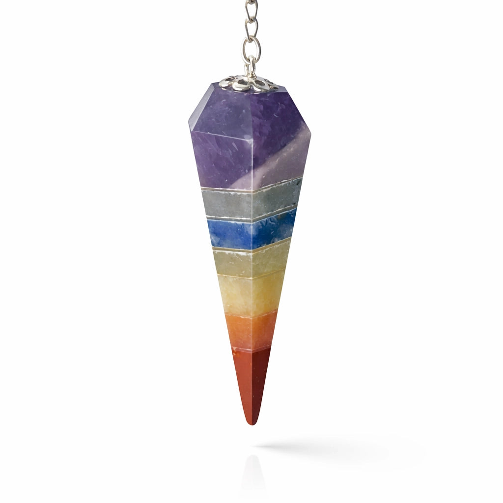 Pendule hexagonal 7 chakras en pierres naturelles avec chaîne métal pour radiesthésie