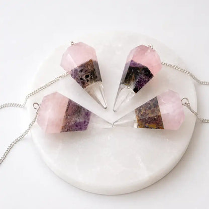 Pendules pointe en pierres naturelles quartz rose améthyste et cristal de roche