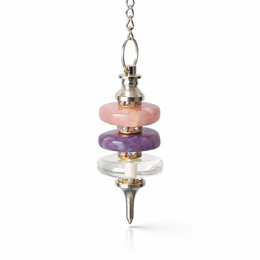 Pendule triple disque en cristal de roche améthyste quartz rose avec chaîne pour divination