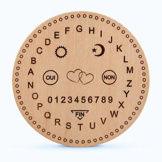 Planche de radiesthésie en bois avec alphabet, chiffres et Oui Non motif coeur