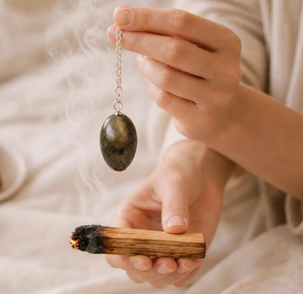 Purification d'un pendule en obsdienne dorée  avec le palo santo, tournez autour du pendule.